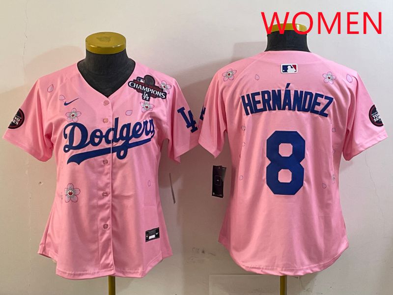 Women Los Angeles Dodgers 8 Hernandez Pink Sakura Edition 2025 Nike MLB Jersey style 3